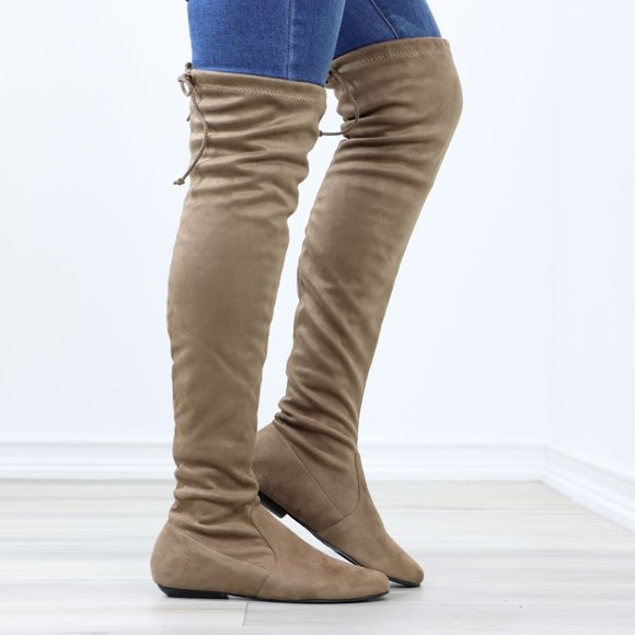 Taupe Thigh High Over The Knee Flat Boots Faux Suede - Picture 3 of 15